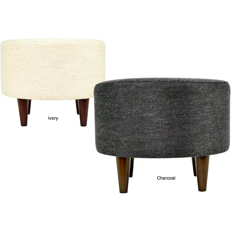 Round Upholstered Ottoman with Patterned Fabric & Espresso Wood Legs - 22" Dia