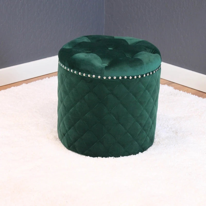 Round Velvet Ottoman with Button Tufting & Chrome Nailheads – Multiple Colors