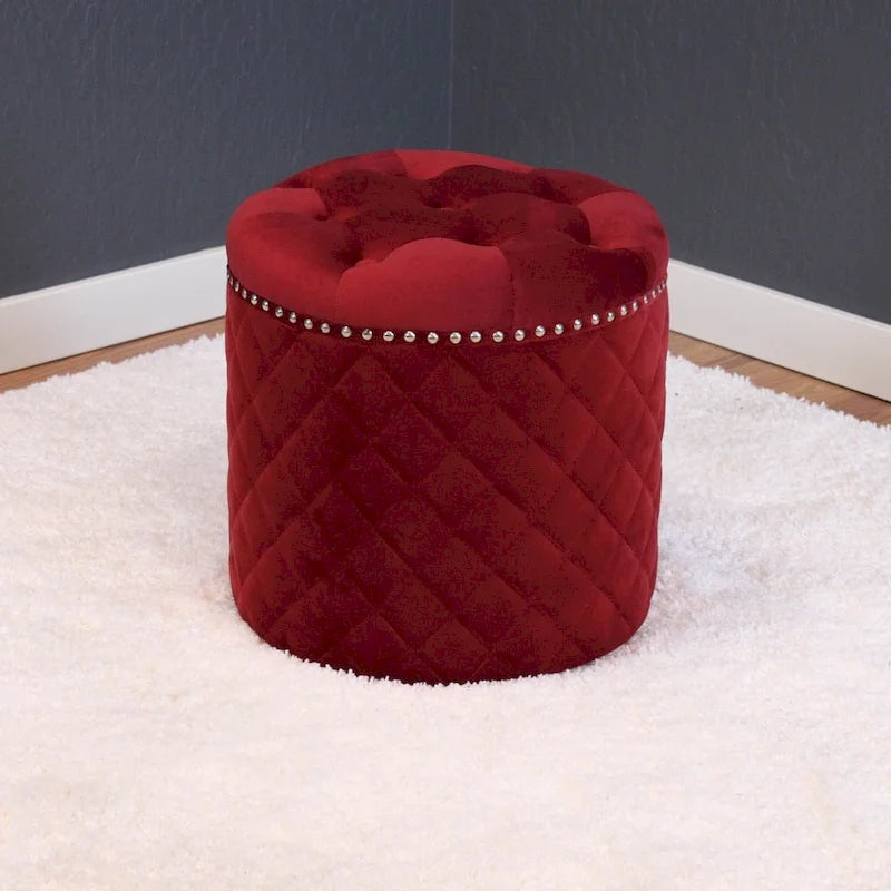 Round Velvet Ottoman with Button Tufting & Chrome Nailheads – Multiple Colors
