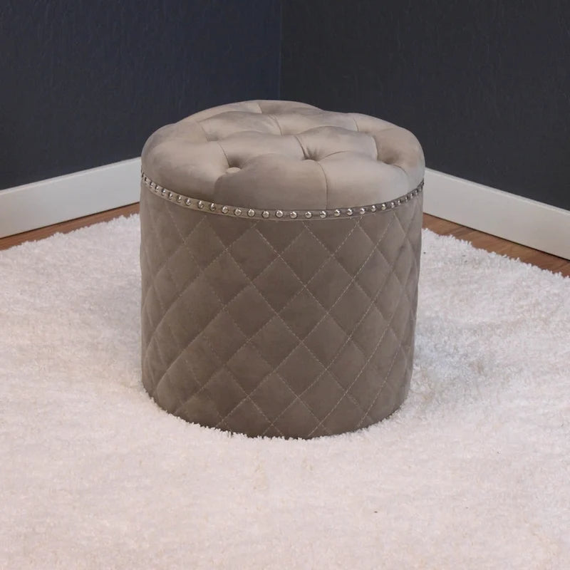Round Velvet Ottoman with Button Tufting & Chrome Nailheads – Multiple Colors