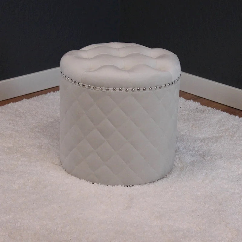 Round Velvet Ottoman with Button Tufting & Chrome Nailheads – Multiple Colors