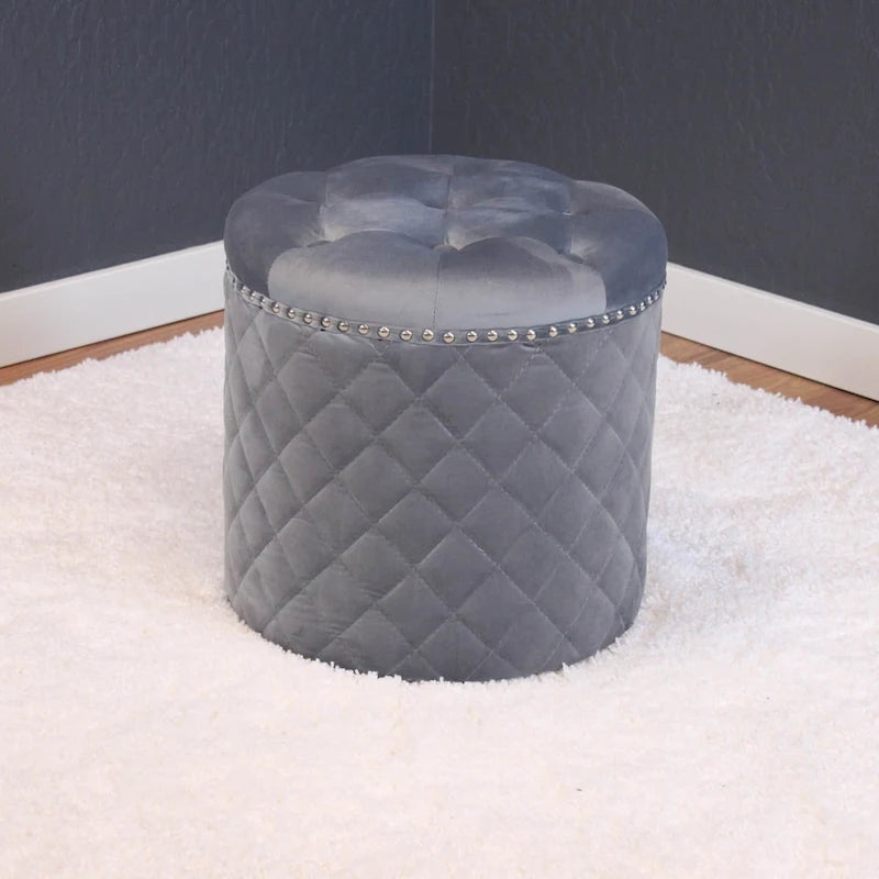 Round Velvet Ottoman with Button Tufting & Chrome Nailheads – Multiple Colors