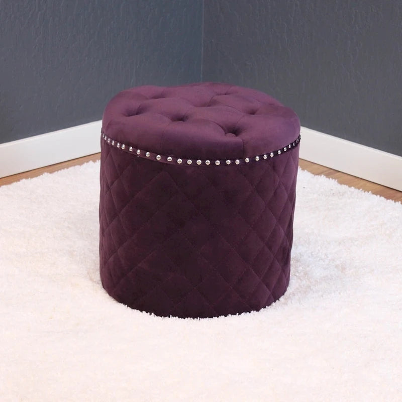 Round Velvet Ottoman with Button Tufting & Chrome Nailheads – Multiple Colors