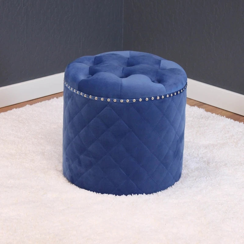 Round Velvet Ottoman with Button Tufting & Chrome Nailheads – Multiple Colors