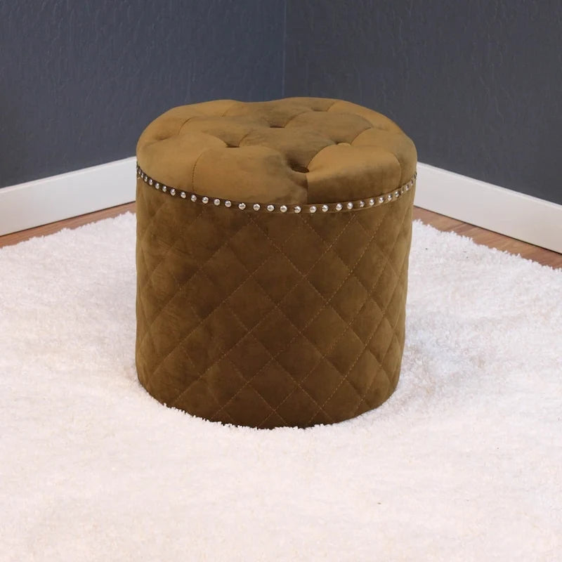Round Velvet Ottoman with Button Tufting & Chrome Nailheads – Multiple Colors