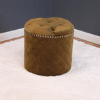 Round Velvet Ottoman with Button Tufting & Chrome Nailheads – Multiple Colors