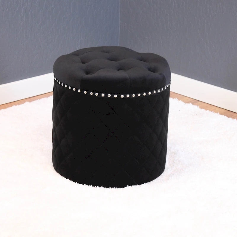 Round Velvet Ottoman with Button Tufting & Chrome Nailheads – Multiple Colors
