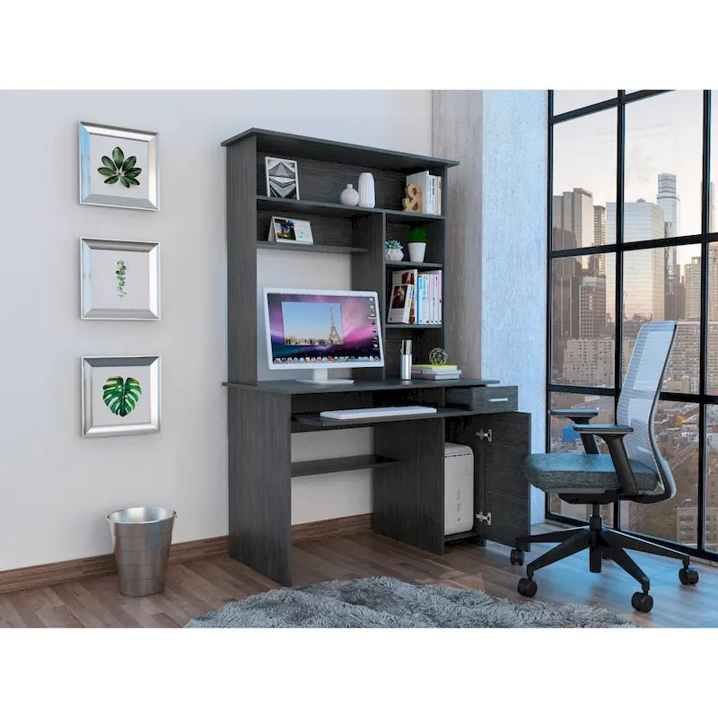180 Hutch Desk with 5 Shelves, Retractable Keyboard Tray, CPU Panel & Drawer