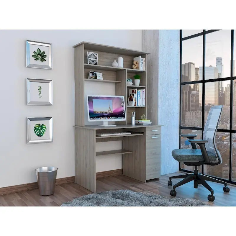 180 Hutch Desk with 5 Shelves, Retractable Keyboard Tray, CPU Panel & Drawer