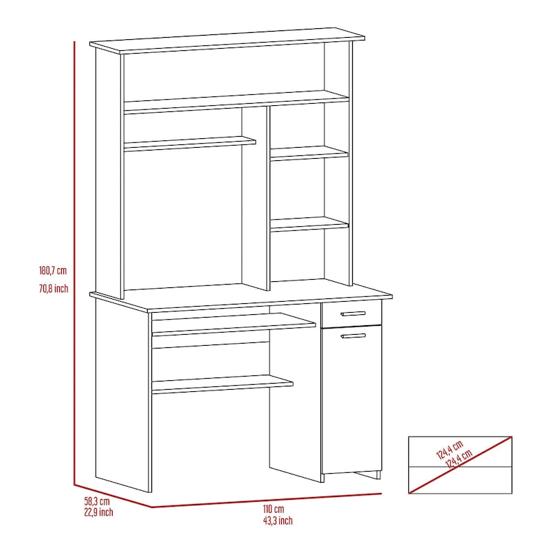 180 Hutch Desk with 5 Shelves, Retractable Keyboard Tray, CPU Panel & Drawer
