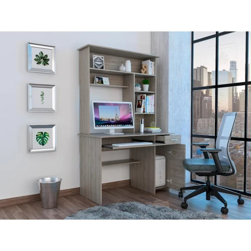 180 Hutch Desk with 5 Shelves, Retractable Keyboard Tray, CPU Panel & Drawer