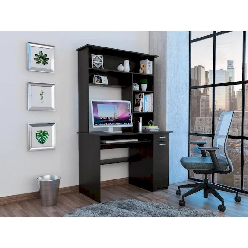 180 Hutch Desk with 5 Shelves, Retractable Keyboard Tray, CPU Panel & Drawer