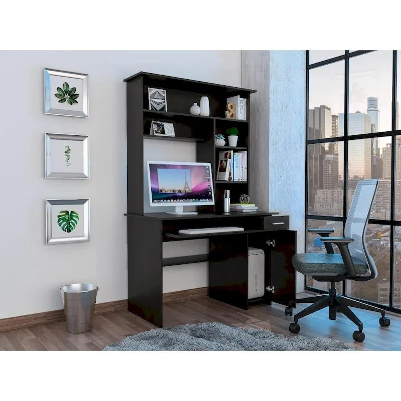 180 Hutch Desk with 5 Shelves, Retractable Keyboard Tray, CPU Panel & Drawer