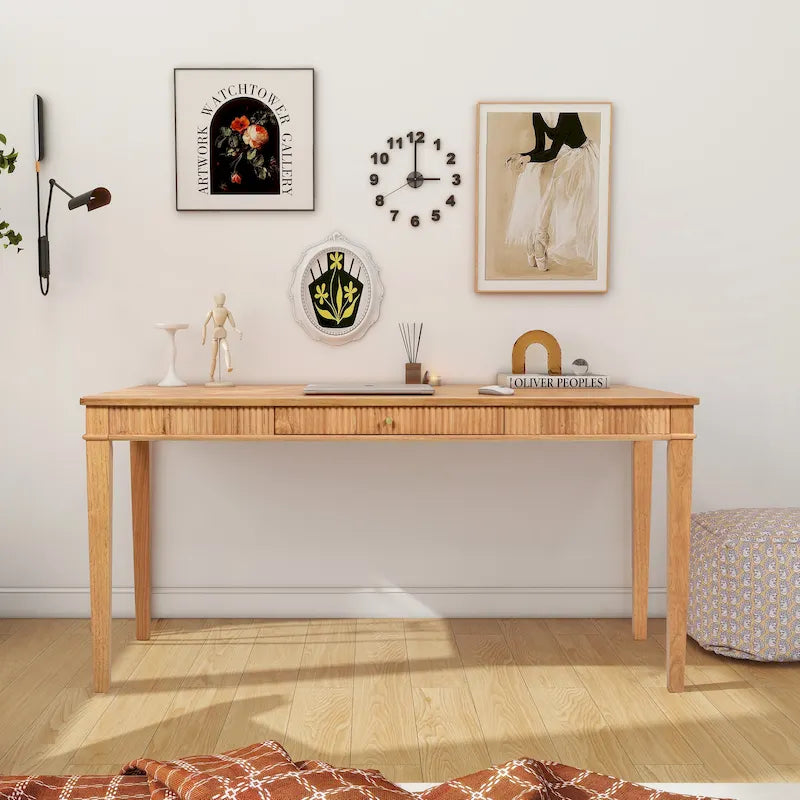 63" Fluted Rubberwood Home Office Writing Desk with Single Drawer - Natural Blonde