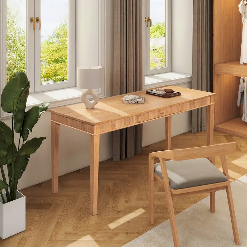 63" Fluted Rubberwood Home Office Writing Desk with Single Drawer - Natural Blonde