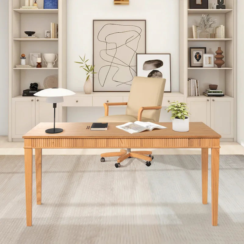63" Fluted Rubberwood Home Office Writing Desk with Single Drawer - Natural Blonde