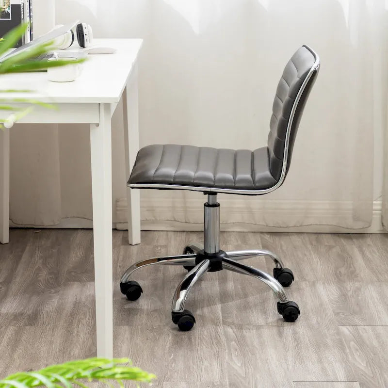 Swivel Mid Back Armless Ribbed Designer Task Chair Faux Leather Soft Upholstery Office Chair Gray