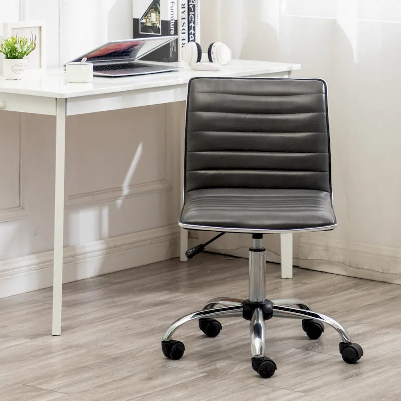 Swivel Mid Back Armless Ribbed Designer Task Chair Faux Leather Soft Upholstery Office Chair Gray