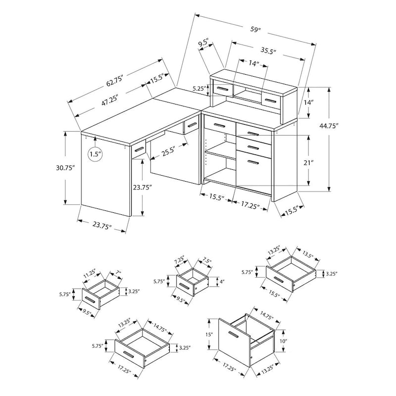 59 Grey L-Shape Computer Desk With 8 Drawers