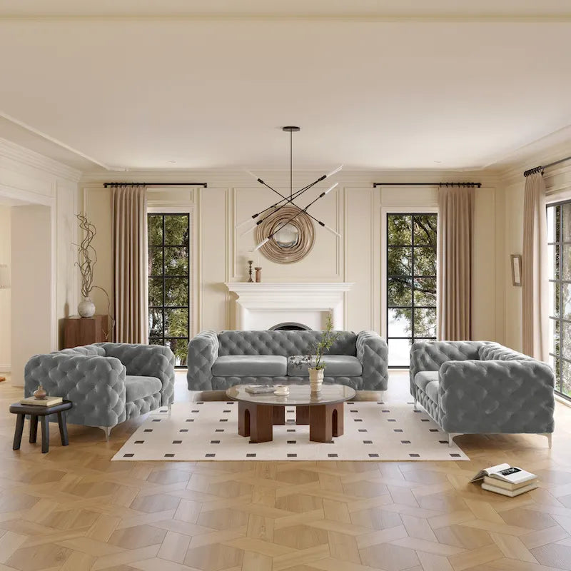 Tufted Velvet Chesterfield Living Room Set – Club Chair, Loveseat & Sofa