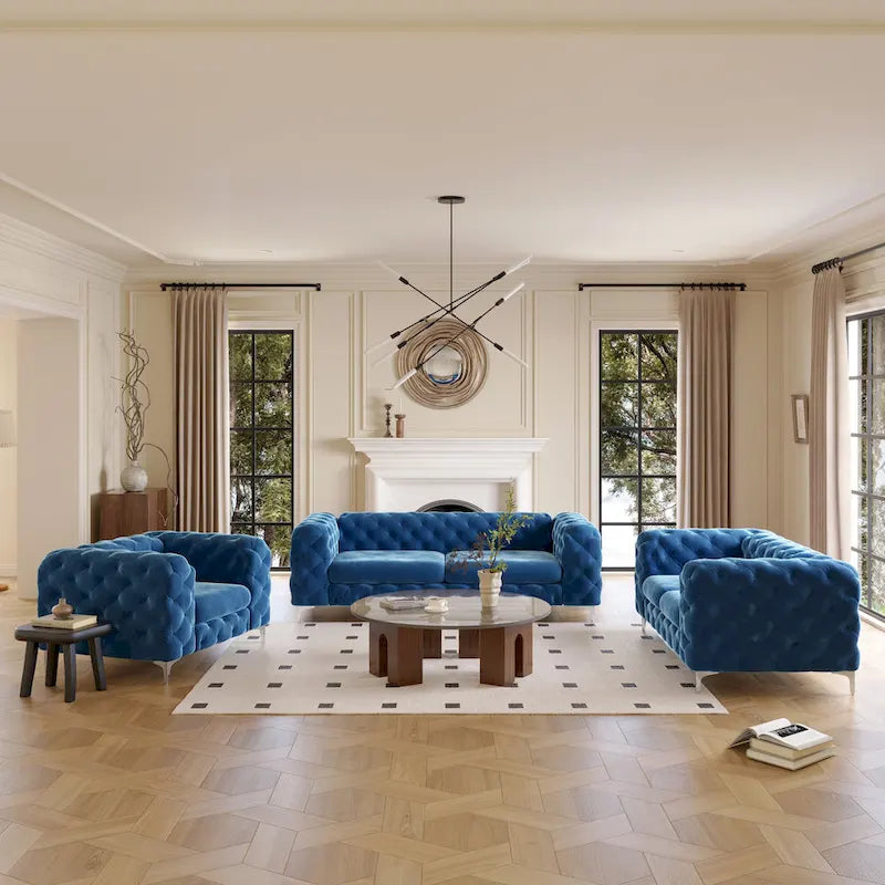 Tufted Velvet Chesterfield Living Room Set – Club Chair, Loveseat & Sofa