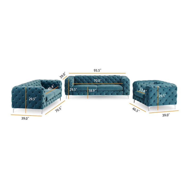 Tufted Velvet Chesterfield Living Room Set – Club Chair, Loveseat & Sofa