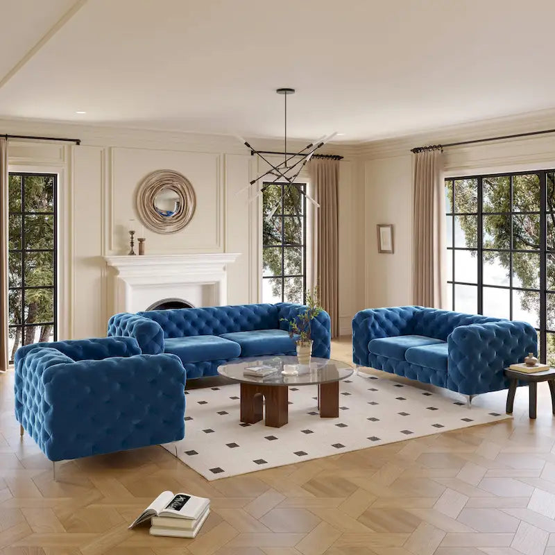 Tufted Velvet Chesterfield Living Room Set – Club Chair, Loveseat & Sofa