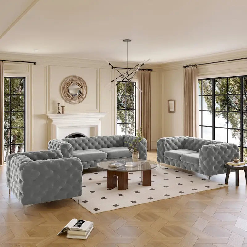 Tufted Velvet Chesterfield Living Room Set – Club Chair, Loveseat & Sofa
