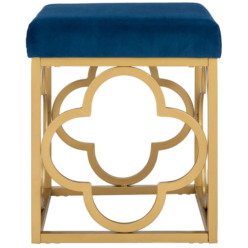 Moroccan Glam Velvet Square Ottoman with Gold Liquid Finish & Quatrefoil Design