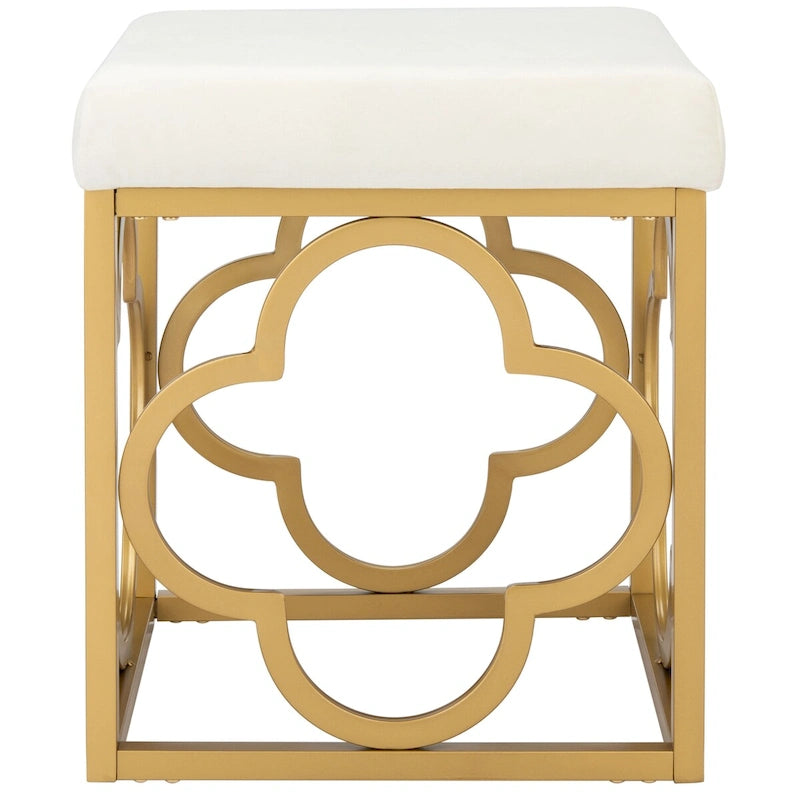Moroccan Glam Velvet Square Ottoman with Gold Liquid Finish & Quatrefoil Design