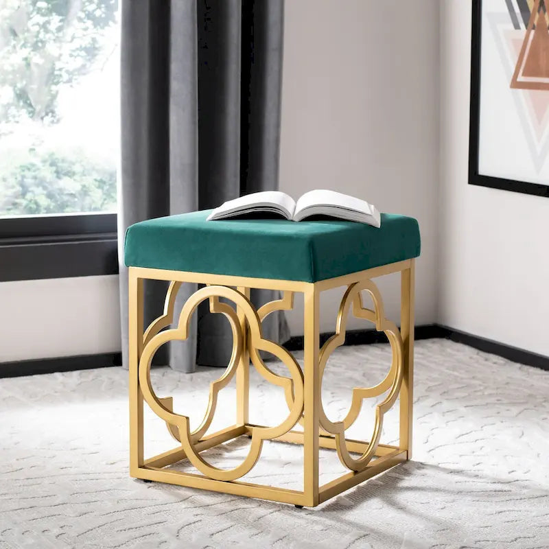 Moroccan Glam Velvet Square Ottoman with Gold Liquid Finish & Quatrefoil Design