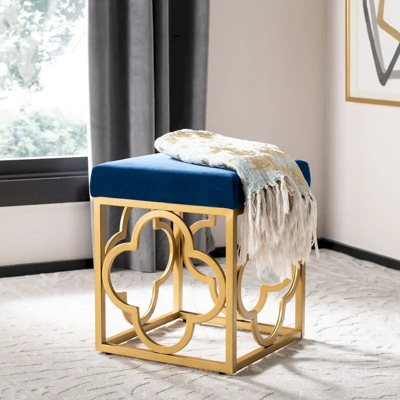 Moroccan Glam Velvet Square Ottoman with Gold Liquid Finish & Quatrefoil Design