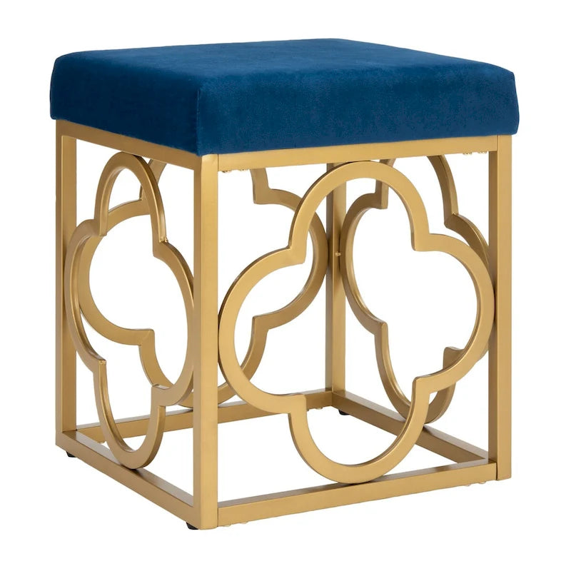 Moroccan Glam Velvet Square Ottoman with Gold Liquid Finish & Quatrefoil Design