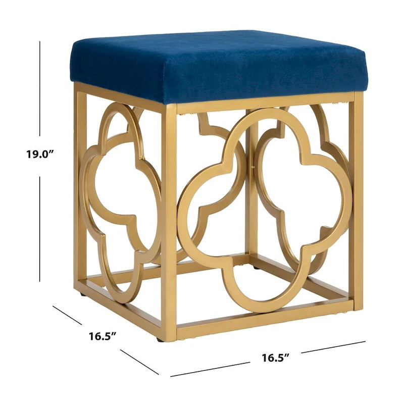 Moroccan Glam Velvet Square Ottoman with Gold Liquid Finish & Quatrefoil Design