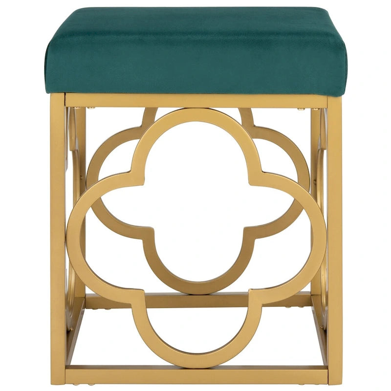 Moroccan Glam Velvet Square Ottoman with Gold Liquid Finish & Quatrefoil Design