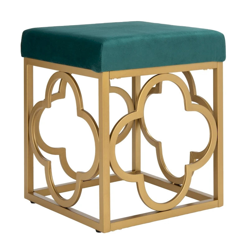 Moroccan Glam Velvet Square Ottoman with Gold Liquid Finish & Quatrefoil Design