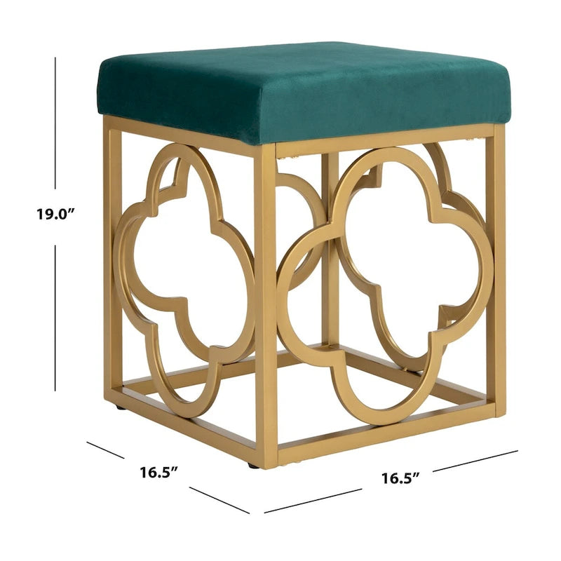 Moroccan Glam Velvet Square Ottoman with Gold Liquid Finish & Quatrefoil Design
