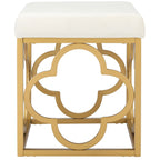 Moroccan Glam Velvet Square Ottoman with Gold Liquid Finish & Quatrefoil Design