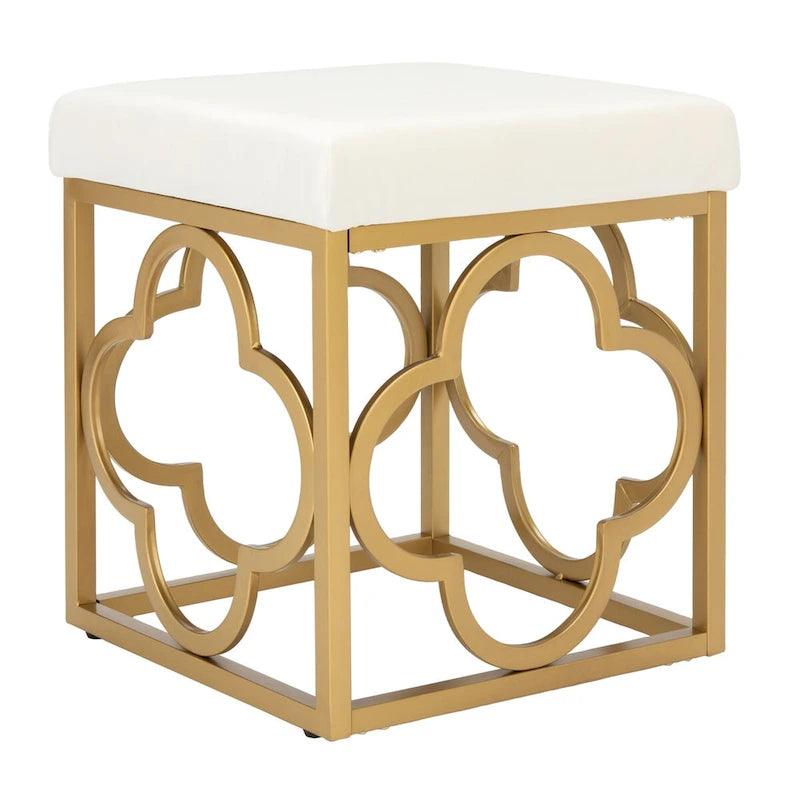 Moroccan Glam Velvet Square Ottoman with Gold Liquid Finish & Quatrefoil Design