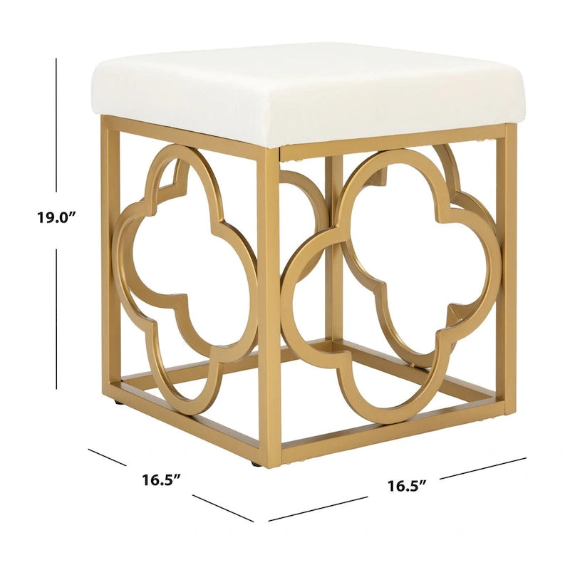 Moroccan Glam Velvet Square Ottoman with Gold Liquid Finish & Quatrefoil Design