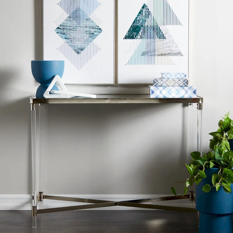 Metal Console Table with Mirrored Top & Acrylic Legs – Gold or Silver