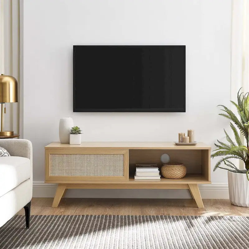 47" Rattan Weave TV Stand with Sliding Door & Cable Management