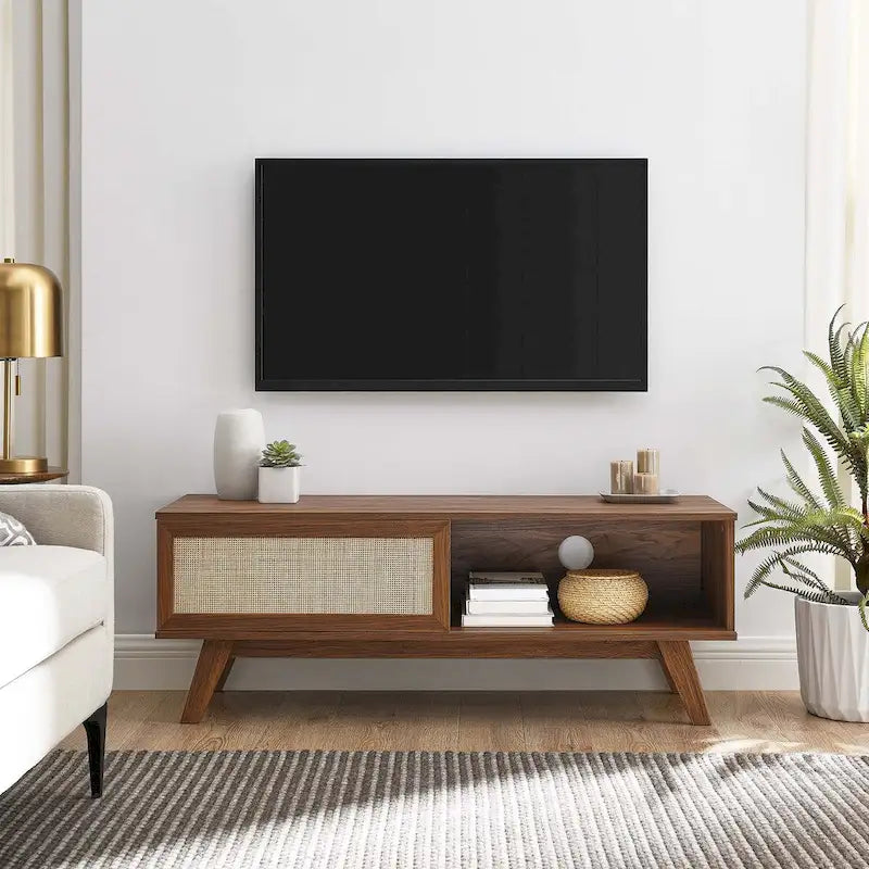 47" Rattan Weave TV Stand with Sliding Door & Cable Management