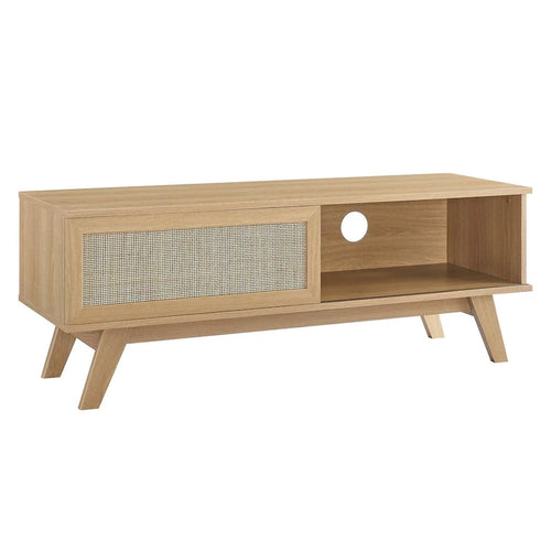 47" Rattan Weave TV Stand with Sliding Door & Cable Management