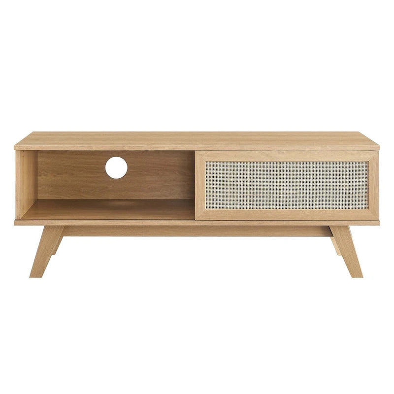 47" Rattan Weave TV Stand with Sliding Door & Cable Management