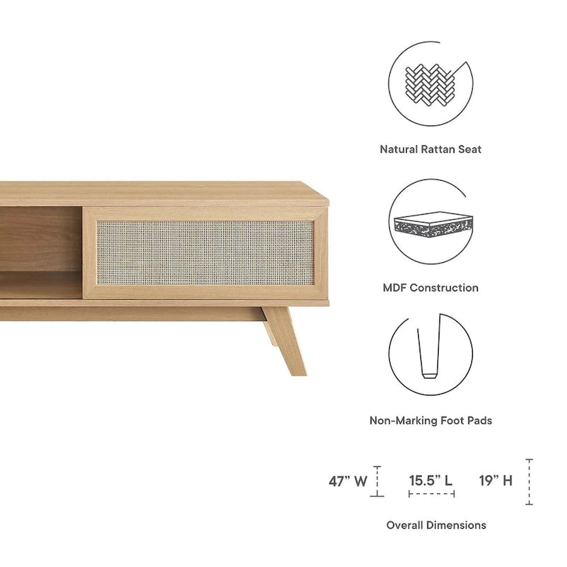 47" Rattan Weave TV Stand with Sliding Door & Cable Management
