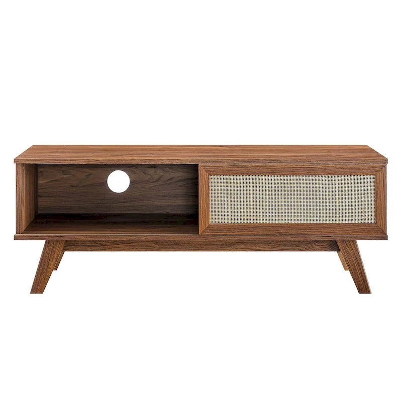 47" Rattan Weave TV Stand with Sliding Door & Cable Management