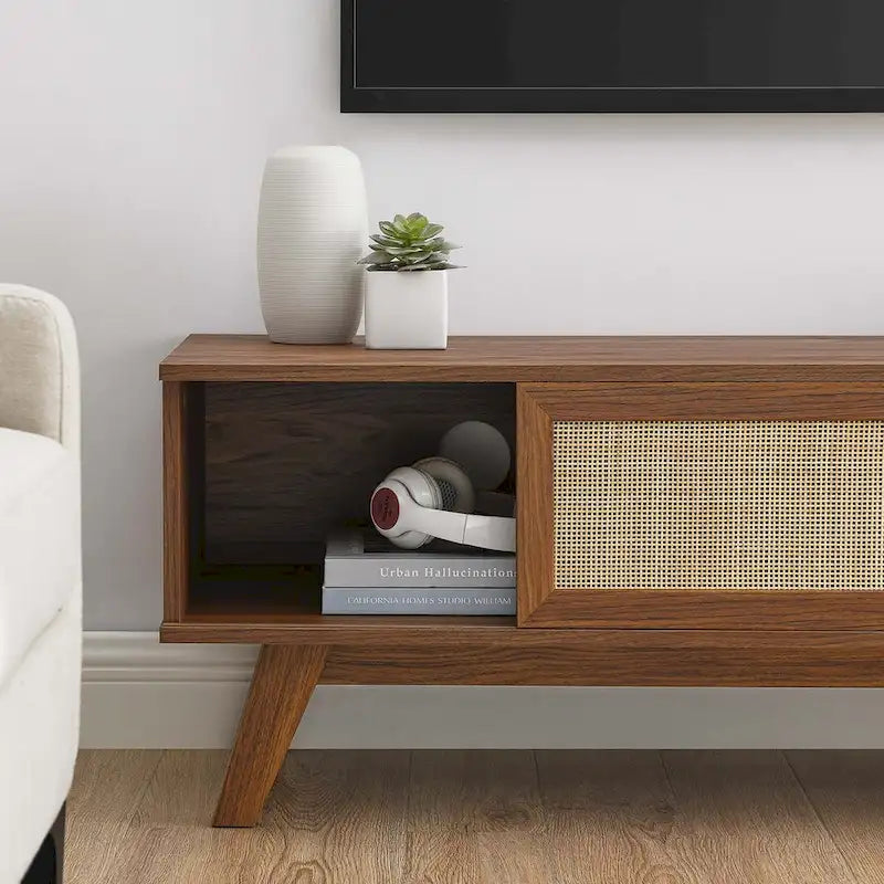 47" Rattan Weave TV Stand with Sliding Door & Cable Management