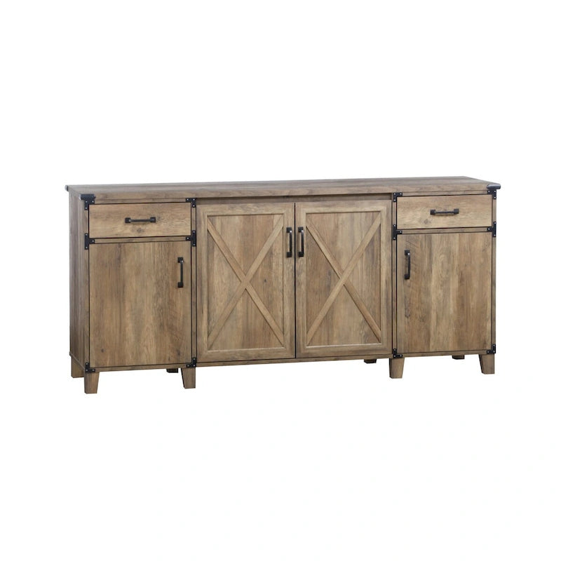 Farmhouse Rustic Oak Four-Door Credenza File Cabinet - 64.7"W x 15.8"D x 29.7"H