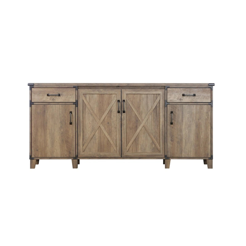 Farmhouse Rustic Oak Four-Door Credenza File Cabinet - 64.7"W x 15.8"D x 29.7"H